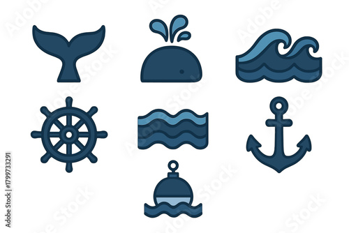 Nautical and marine symbols featuring whale tail, anchor, ship wheel, waves, and buoy