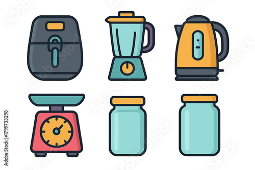 Modern kitchen appliances set featuring air fryer blender kettle and weighing scale