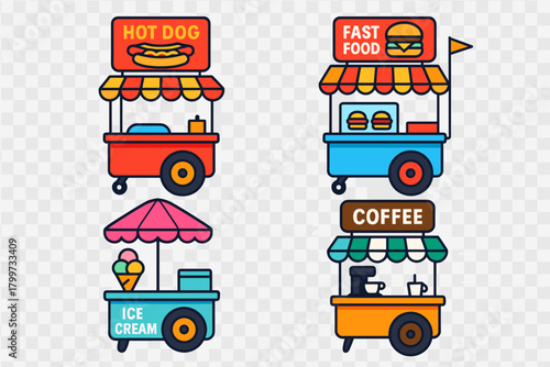 Colorful street food carts selling hot dogs, fast food, ice cream, and coffee