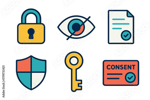 Digital security and data privacy symbols including padlock, key, shield, and consent form