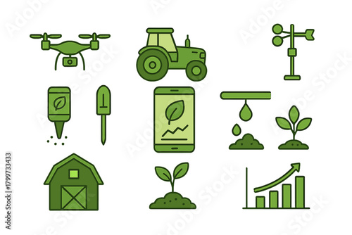 Modern smart farming technology and agriculture icons set including drone and tractor