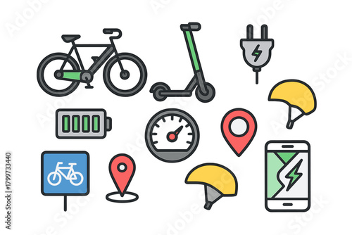 Electric urban mobility icons set including bicycle sharing, charging infrastructure, and navigation tools