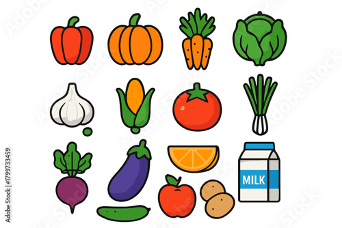 Set of fresh organic fruits vegetables and dairy products for healthy nutrition