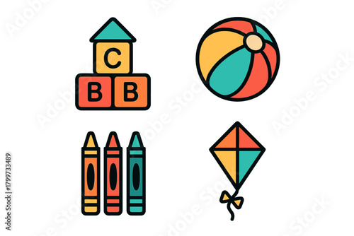 Colorful icons of classic childhood playthings: stacking blocks, beach ball, crayons, and diamond kite