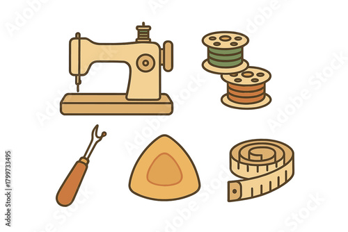 Set of essential sewing and tailoring tools including machine, thread, chalk, and measuring tape