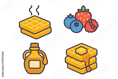 Stylized breakfast food elements including waffles maple syrup and fresh berries