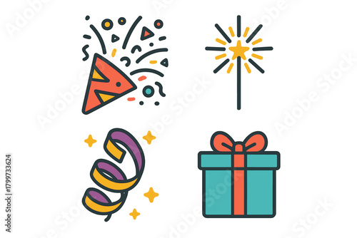 Colorful celebration icons featuring a party popper, sparkling firework, coiled ribbon, and wrapped present set
