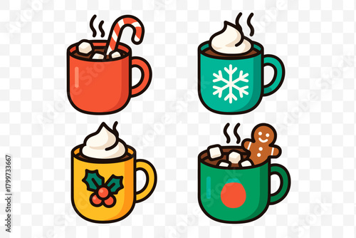 Steaming hot chocolate mugs decorated with festive winter holiday elements