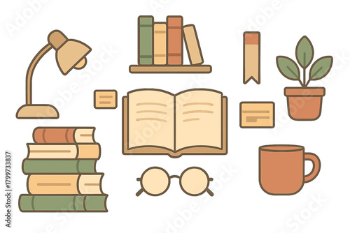 Cozy collection of reading and studying objects: books, desk lamp, glasses, and coffee mug