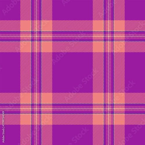 Indigo textile texture tartan, frame fabric seamless plaid. 40s pattern vector background check in purple and light coral colors.