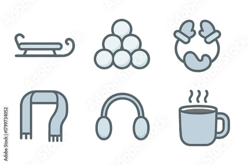 Set of winter season icons including sled snowballs mittens scarf earmuffs and hot drink mug
