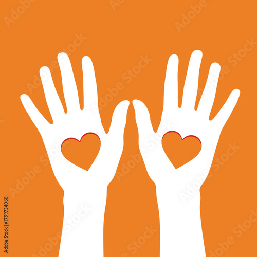 Minimalist Vector Illustration of White Hands with Heart Shapes on Orange Background