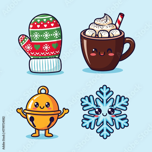 Cute Winter Holiday Vector Illustration Set with Festive Mitten Hot Chocolate Bell and Snowflake in Cartoon Style