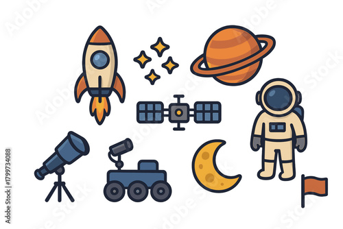 Colorful space exploration elements: astronaut, rocket ship, Saturn planet, satellite, and telescope