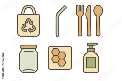 Sustainable zero waste lifestyle objects including reusable bag cutlery and soap dispenser