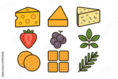 Set of food icons featuring cheese, fruit, crackers, and herbs for a charcuterie board