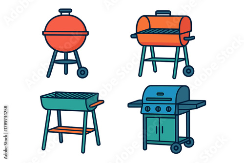 Set of various barbecue grill types including kettle, barrel, charcoal, and gas models