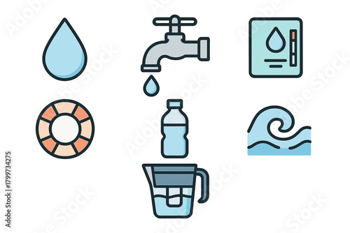 Essential symbols for water drop, faucet, bottle, filter, wave, and lifebuoy