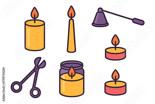 Set of burning candles including pillar taper jar and tea lights with snuffer and wick trimmer tools