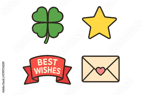 Four good luck symbols: clover, star, banner, and sealed envelope for success and greetings