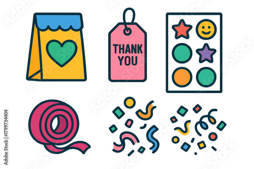 Colorful celebration and party elements including gift bag, thank you tag, stickers, ribbon, and confetti