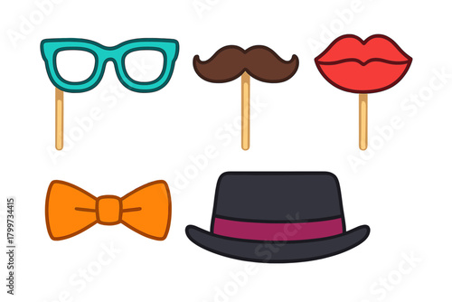 Colorful collection of photo booth props including glasses mustache lips and bow tie