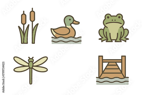 Minimalist outline icons of wetland wildlife and plants: duck, frog, dragonfly, cattails, and pier