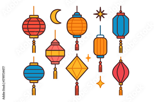 Set of traditional Asian paper lanterns in various shapes, vibrant colors, and decorative tassels
