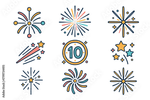 Colorful abstract bursting fireworks and shooting stars set for festive anniversary celebration