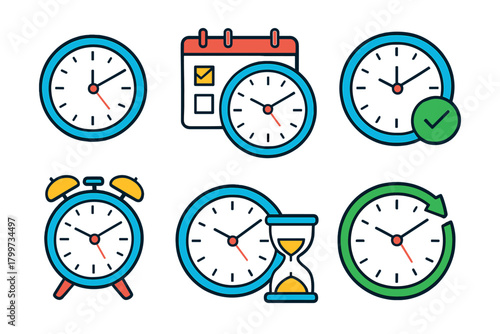 Time management icons set featuring analog clocks, alarm clock, calendar, and hourglass