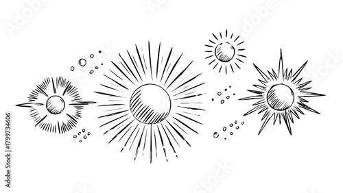 Creative vector illustration of geometric hand drawn sun beams isolated on background. Art design linear sunlight waves, shining lines ray stars. Abstract concept graphic round or circle form element