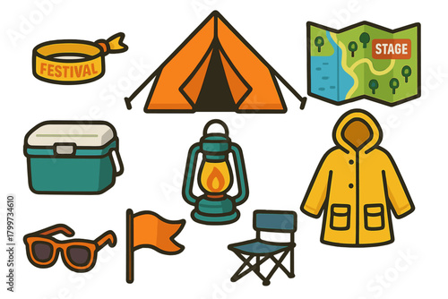 Essential gear for camping and music festivals including a tent, cooler, map, and raincoat