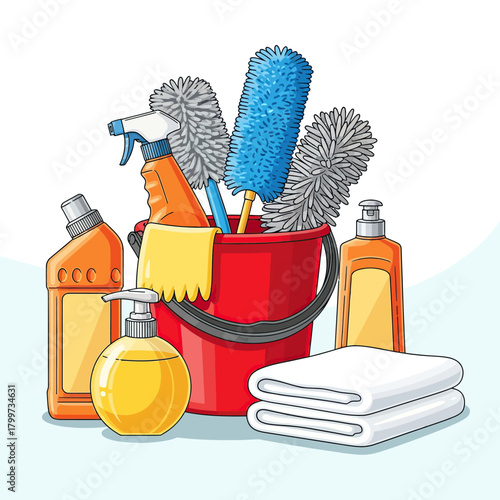 Illustration Vector Cleaning Supplies with Red Bucket Orange Bottles and White Towels in Modern Style