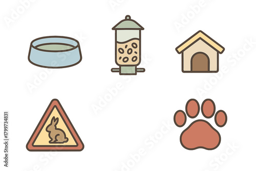 Essential symbols for animal and pet care including dog house, feeding bowl, and warning sign
