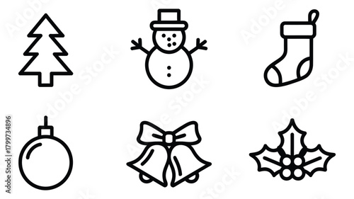 set of six christmas line icons including tree, snowman, stocking, ornament, bells, and holly for festive design themes