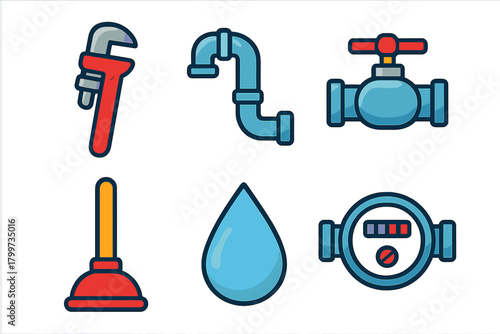 Set of essential plumbing tools, equipment, and water system components for home maintenance and repair