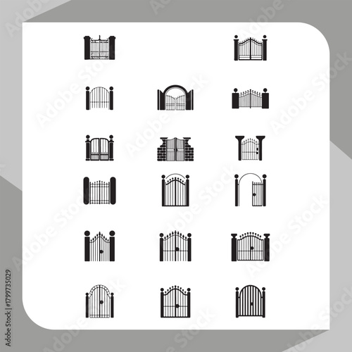 Set of various ornate iron gate icons, entrance barriers, security, property access, classic elegant vector graphics.