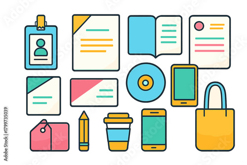 Collection of branding and office supply icons featuring ID badge, documents, smartphone, and coffee cup