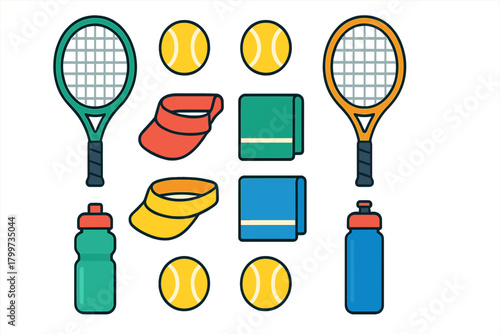 Colorful collection of tennis sports equipment: rackets, balls, towels, visors, and water bottles