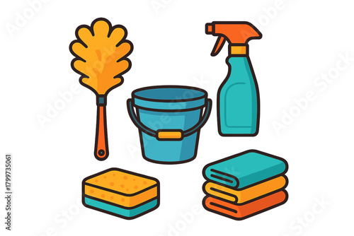 Set of essential household cleaning supplies including bucket, spray bottle, sponge, and duster