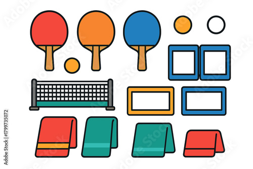Colorful collection of ping pong equipment including rackets, net, balls, and scoreboard icons