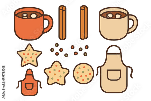 Hot cocoa mugs, cinnamon sticks, star cookies, round cookies, and kitchen aprons set