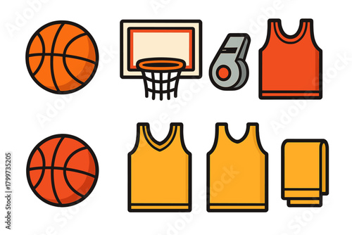 Basketball game equipment and apparel set including ball, hoop, whistle, jerseys, and towel