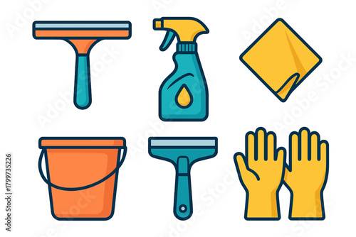 Colorful set of household cleaning tools including squeegees, spray bottle, bucket, cloth, and rubber gloves