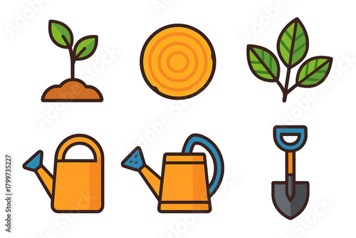 Essential gardening tools and plant growth icons including shovel, watering can, and young sprout