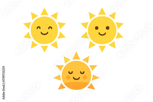 Cute cartoon sun characters set showing happy and cheerful facial expressions