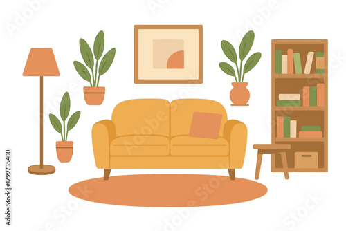 Cozy living room interior with yellow sofa, floor lamp, potted plants, and wooden bookshelf