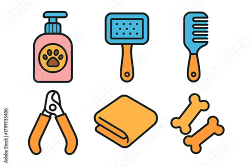 Colorful icons set depicting essential dog grooming equipment and pet care items