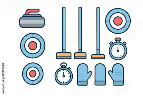 Curling stones brooms targets stopwatches and mittens equipment for winter ice sports