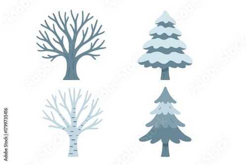 Set of four stylized winter forest trees including bare deciduous and snow-covered pine